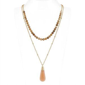 Boho Layered Necklace Gold Tone Picture Jasper Beads Peach Aventurine Pendant